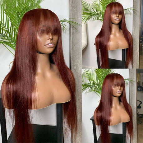 Red Brown Straight Hair With Bangs Lace Front Human Hair Wigs