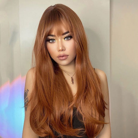 Long Straight Human Hair Red Brown Copper Ginger with Bangs Wigs for Women Natural Wave