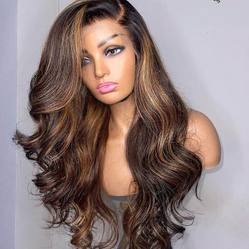 Highlight Honey Blonde Body Wave 13?4 Lace Front Wigs Human Hair