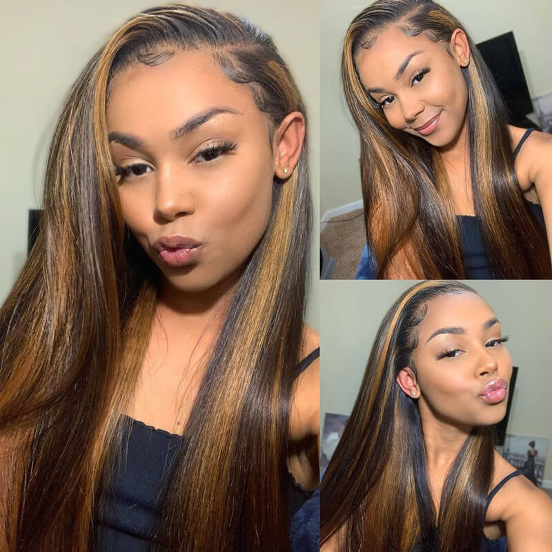 Highlight Honey Blonde Straight Hair 13?4 Lace Front Wigs Human Hair