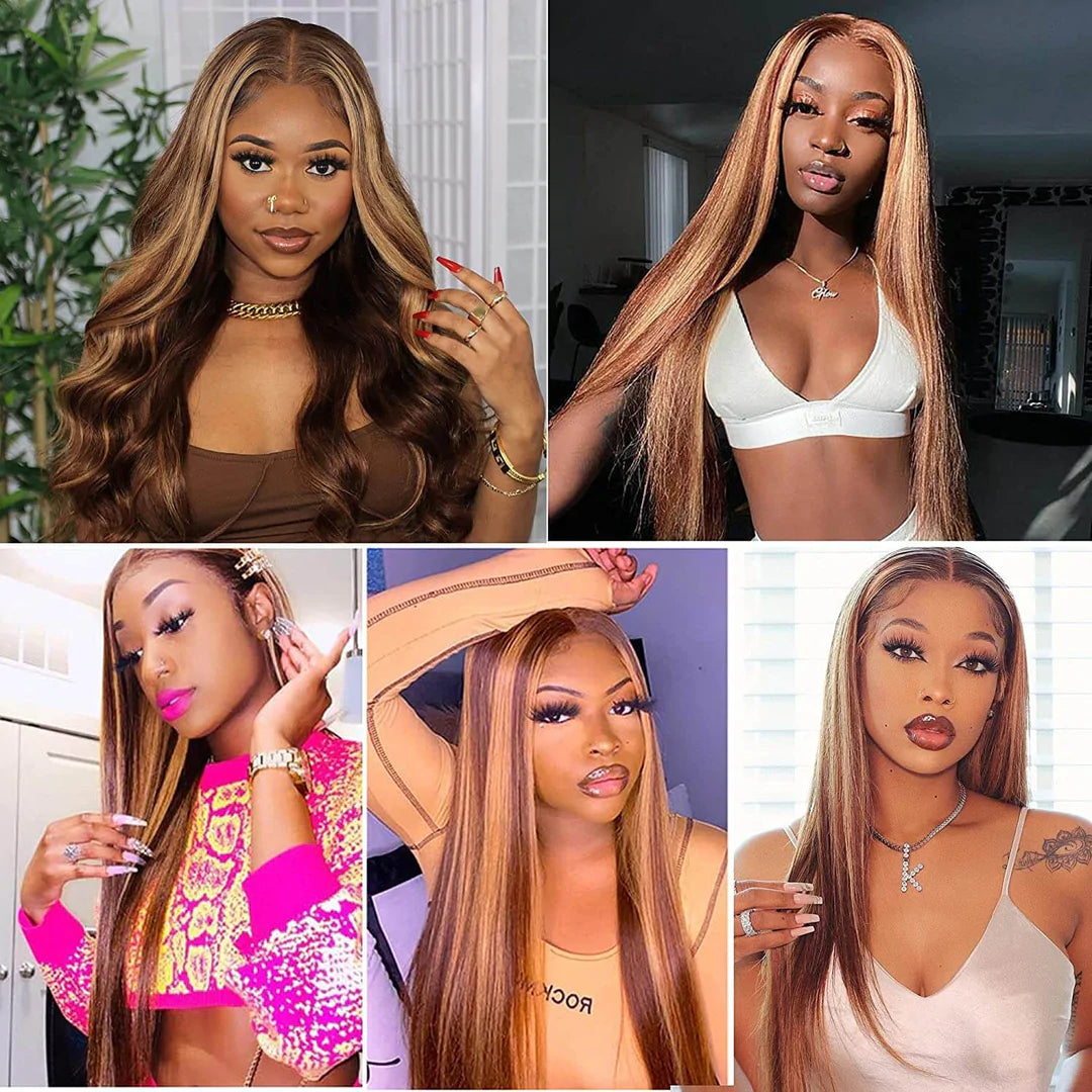 4/27 Honey Blonde Highlight Lace Front Wigs Ombre Color Jerry Curly Human Hair Wigs