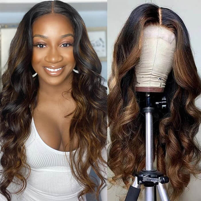 Highlight Body Wave Lace Front Wigs Mix Color #1B/30 HD Lace Human Hair Wigs Pre-Plucked Hairline