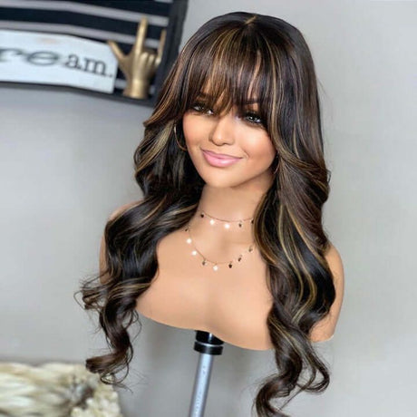 Brazilian Body Wave Highlight Human Hair Wigs With Bangs Lace Front Wigs