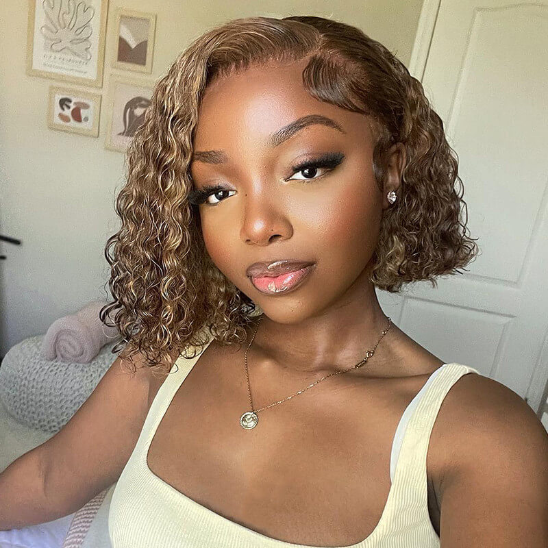 Bob Highlight Brown Kinky Curly Lace Wig Human Hair