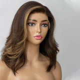 Blonde Highlight Mid Length Side Part Hair Lace Front Wig Human Hair