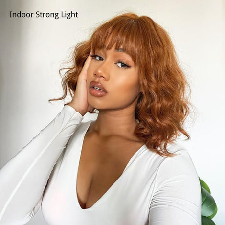 Caramel Brown Color Human Hair 13x4 Lace Front Wig Ocean Wave Wig With Bang