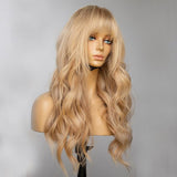Long Wavy Human Hair Bangs Golden Blonde Lace Front Wigs 180% Density