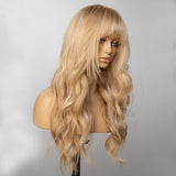 Long Wavy Human Hair Bangs Golden Blonde Lace Front Wigs 180% Density