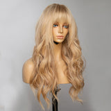 Long Wavy Human Hair Bangs Golden Blonde Lace Front Wigs 180% Density