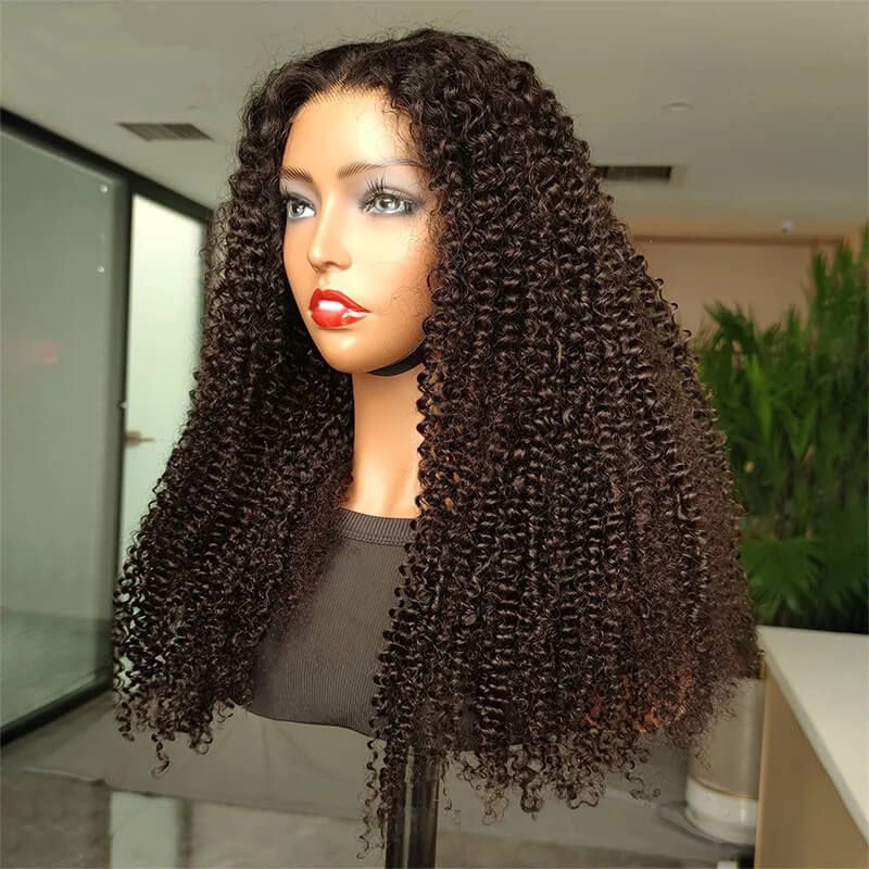 Glueless Lace Wig Natural Black Color Pre-plucked Kinky Curly 180% Density Human Hair
