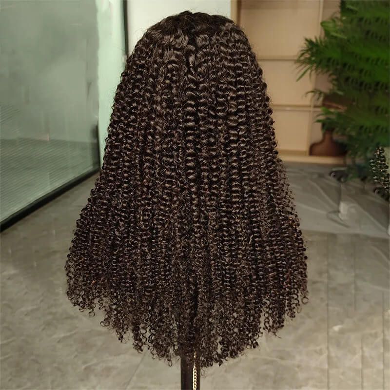 Glueless Lace Wig Natural Black Color Pre-plucked Kinky Curly 180% Density Human Hair