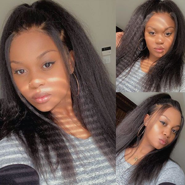 Kinky Straight Glueless Frontal Lace Wig Natural Density Human Hair