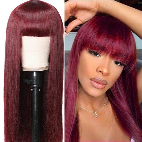 4X4 Lace 99j Red Color Straight Wigs With Bangs For Women 100% Virgin Human Hair Wigs