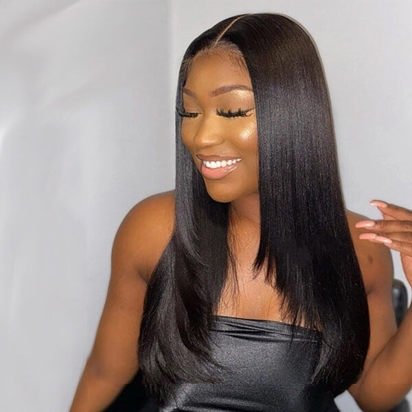 Long Layered Yaki Straight Natural Color Lace Front Wig Human Hair