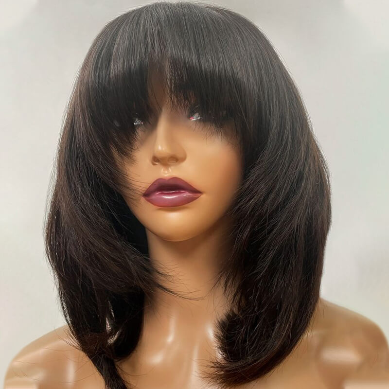 Layered Cut Bangs BOB Lace Front Wig Human Hair 180% Density