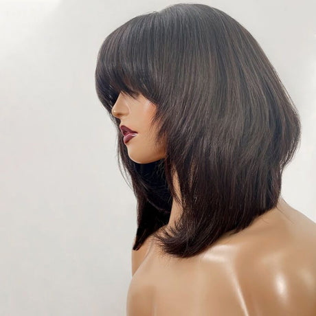 Layered Cut Bangs BOB Lace Front Wig Human Hair 180% Density