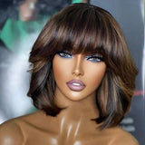 Human Hair Brown Highlight Bob With Bangs Lace Front Wig