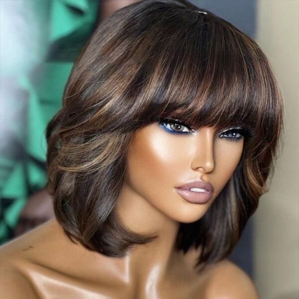 Human Hair Brown Highlight Bob With Bangs Lace Front Wig