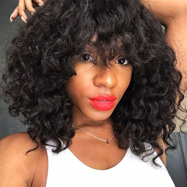 Malaysian Curly Lace Front Wig With Bangs Human Hair