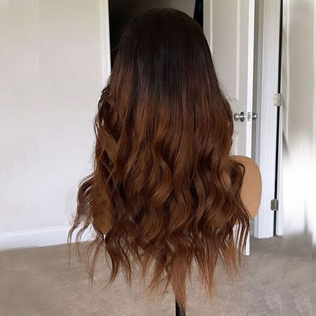 Human Hair Brown Ombre Beach Wave 13x4  Lace Front Wig