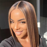 Blonde Highlight Human Hair Bob Blunt Cut Closure Lace Wig