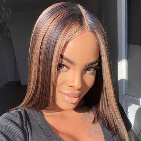 Blonde Highlight Human Hair Bob Blunt Cut Closure Lace Wig