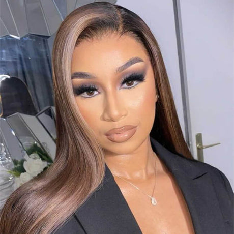 Invisible Swiss Lace Human Hair Blonde Highlight 13x4 Lace Front Wig