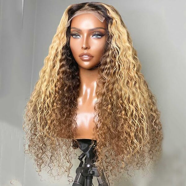 Long Curly Golden Brown Two Tones Layer Human Hair Lace Front Wig