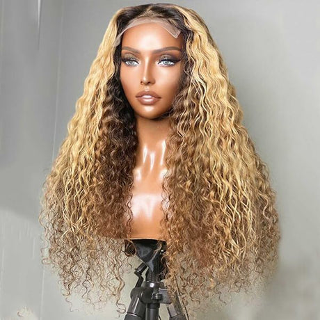 Long Curly Golden Brown Two Tones Layer Human Hair Lace Front Wig