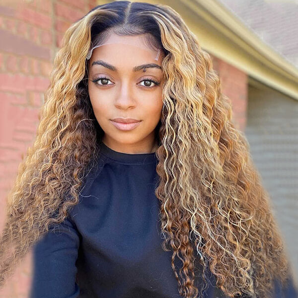 Long Curly Golden Brown Two Tones Layer Human Hair Lace Front Wig