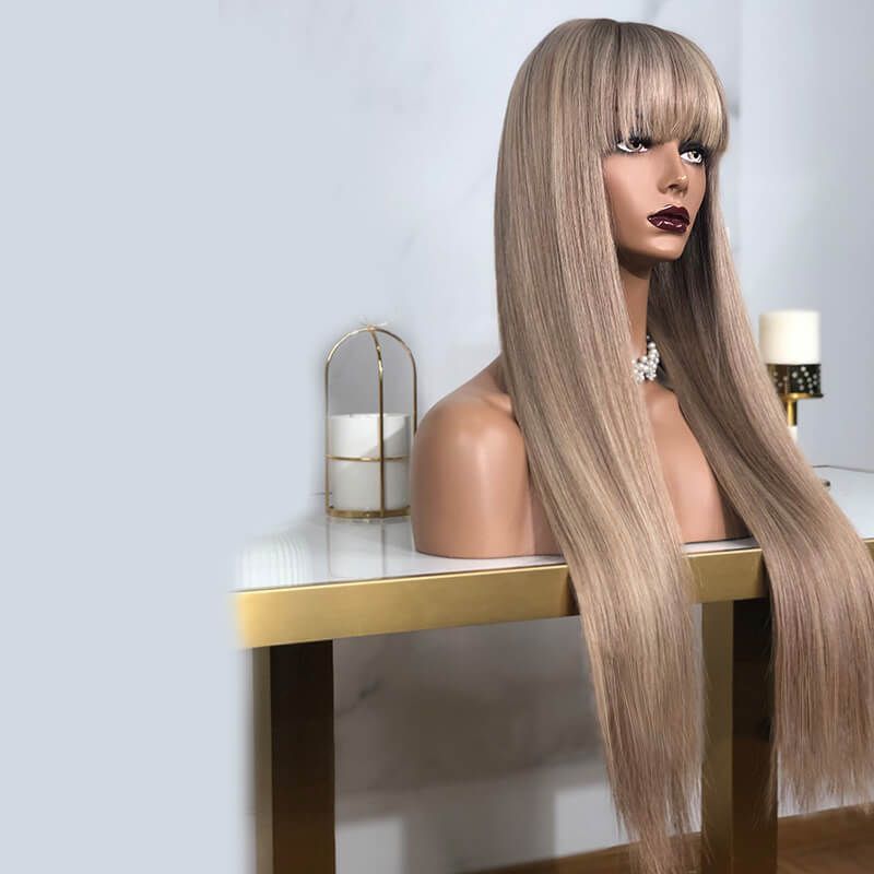 Straight Human Hair with Blunt Cut Bangs Ash Blonde Lace Front Wigs