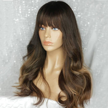 Long Wavy Bangs Medium Brown with Blonde Highlights Wig Human Hair