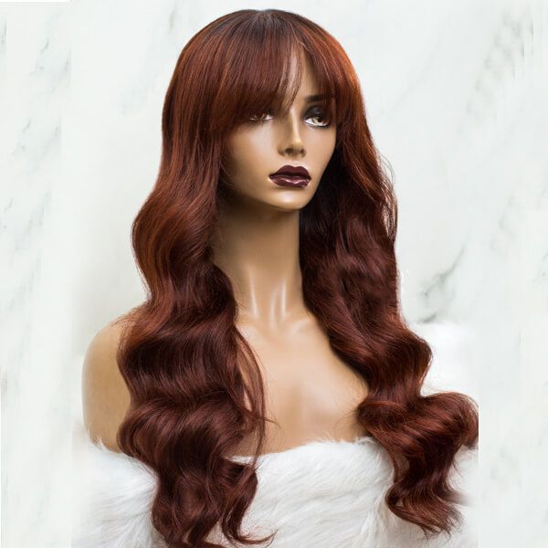 Long Wavy Curtain Bangs With Human Hair Auburn Brown Ombre Lace Front Wigs