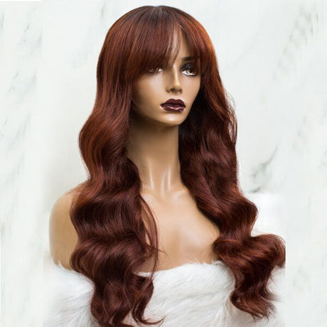 Long Wavy Curtain Bangs With Human Hair Auburn Brown Ombre Lace Front Wigs