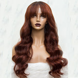 Long Wavy Curtain Bangs With Human Hair Auburn Brown Ombre Lace Front Wigs