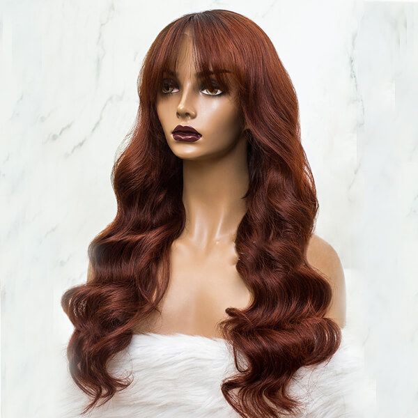 Long Wavy Curtain Bangs With Human Hair Auburn Brown Ombre Lace Front Wigs