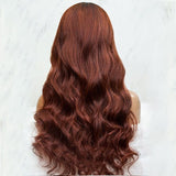 Long Wavy Curtain Bangs With Human Hair Auburn Brown Ombre Lace Front Wigs