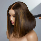 Chestnut Brown Highlights Straight Human Hair Lace Front Wig Bob Wig Natural Hairline