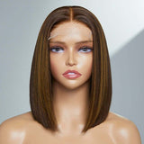 Chestnut Brown Highlights Straight Human Hair Lace Front Wig Bob Wig Natural Hairline