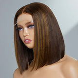 Chestnut Brown Highlights Straight Human Hair Lace Front Wig Bob Wig Natural Hairline