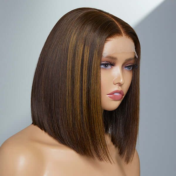 Chestnut Brown Highlights Straight Human Hair Lace Front Wig Bob Wig Natural Hairline