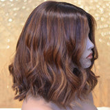 Medium Length Messy Bob Chestnut Brown with Highlights Lace Wig Human Hair