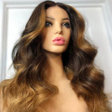 Human Hair Wavy Dark Brown with Blonde Highlights Lace Front Wig