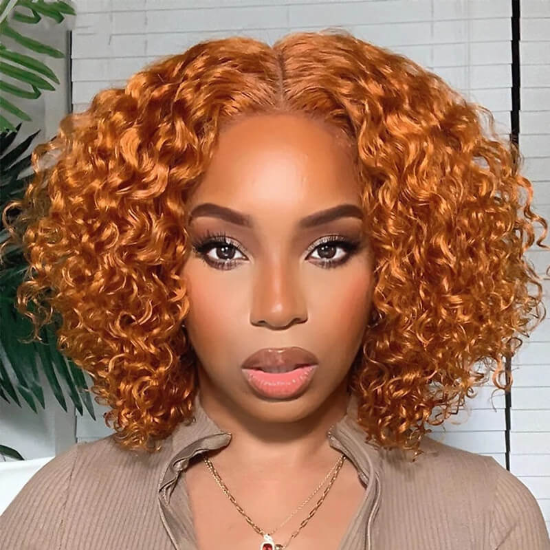 Ginger Curly Short Bob Human Hair 4x4 Lace Closure Wig for Women