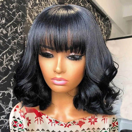 Soft Wavy Curls Human Hair On Short Bob Wig With Bangs