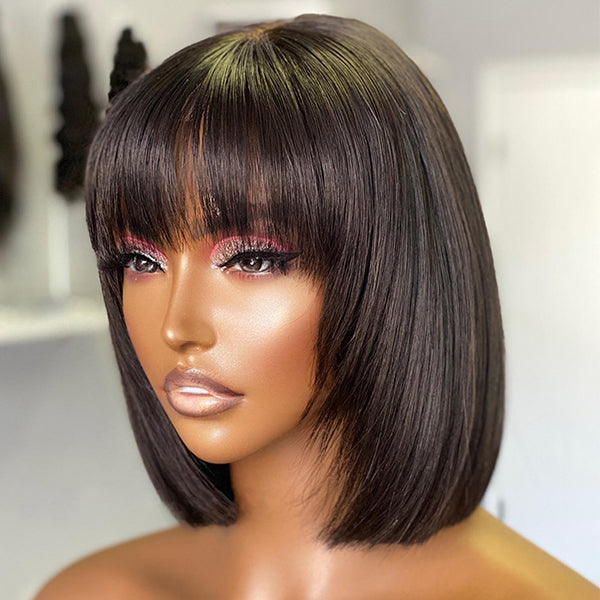 Short Cut 13x4 Frontal Lace Layered Bob Wig With Bangs Human Hair