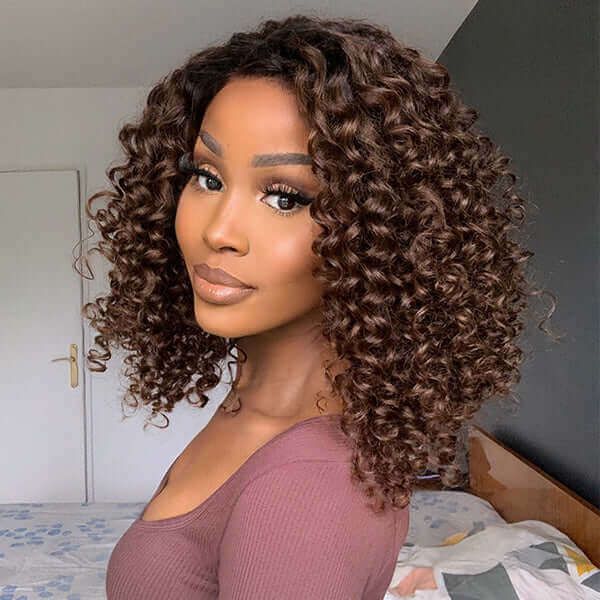 Ombre Brown Bouncy Curly Human Hair Glueless 13x4 Lace Front Wig
