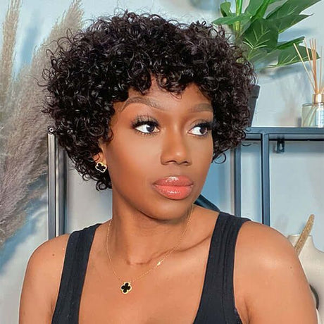 Affordable Glueless Bouncy Curly Wig with Short Bangs 100% Human Hair