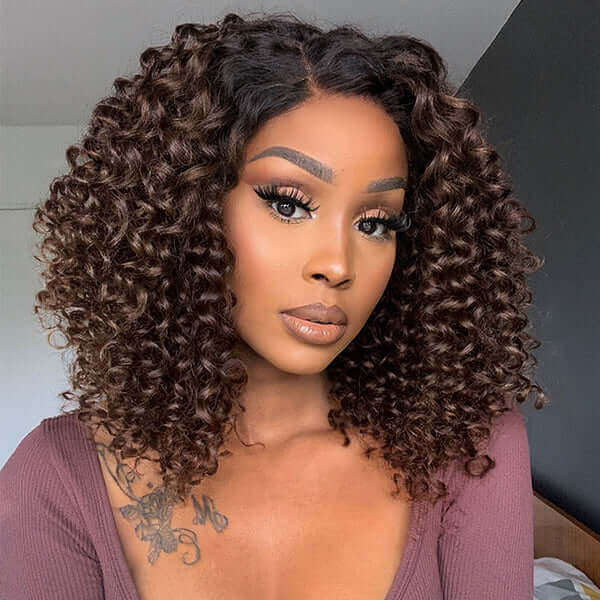 Ombre Brown Bouncy Curly Human Hair Glueless 13x4 Lace Front Wig