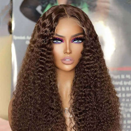 Chocolate Brown Long Curly Human Hair Glueless 13x4 Lace Front Wig